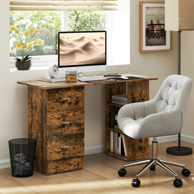 Homcom 120cm Computer Desk, Study Table with 3 Shelf & Drawers in Brown - Brown