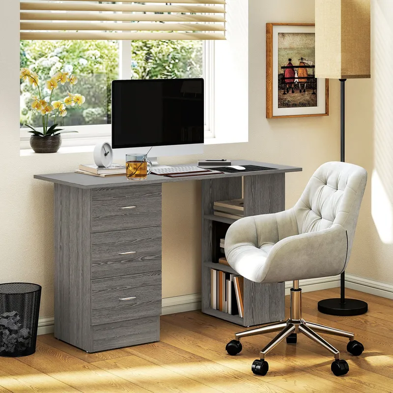 Homcom 120cm Computer Desk, Study Table with 3 Shelf & Drawers in Grey Size: 120 cm Grey 120 cm