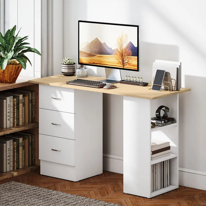 Homcom 120cm Computer Desk, Study Table with 3 Shelf & Drawers in Natural - Natural