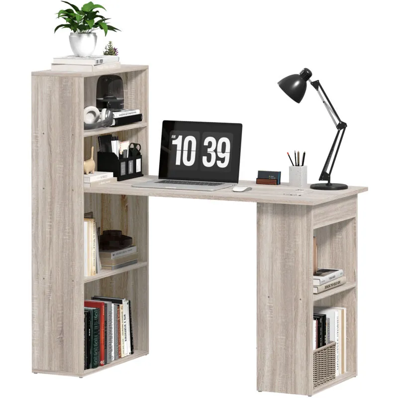Homcom 120cm Computer Desk Bookshelf Writing Table 6 Shelves Grey Grey