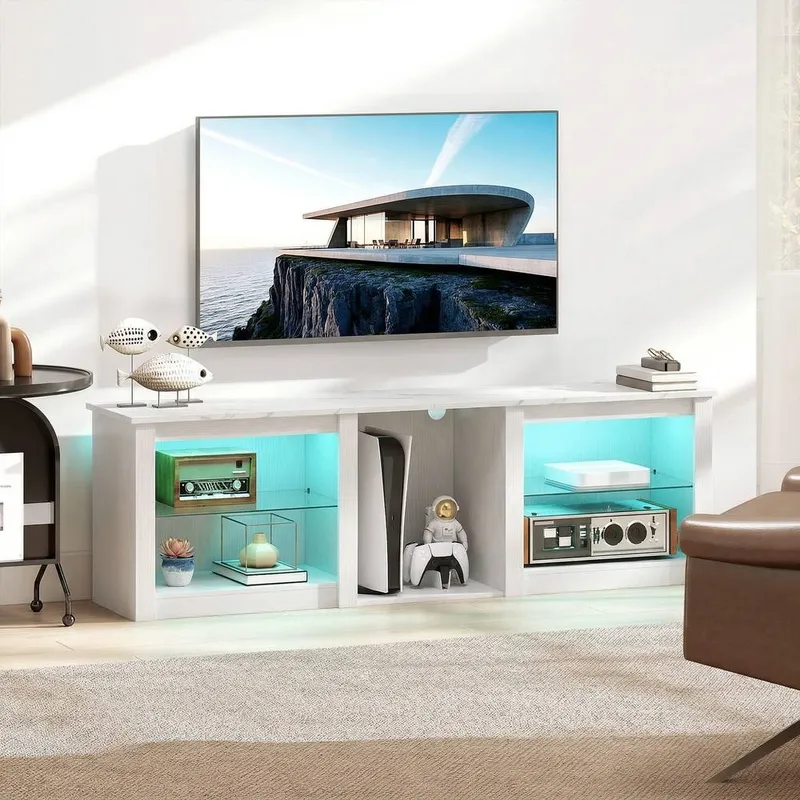 Homcom 160cm TV Unit w/ LED Lights for 70in TV Modern TV Stand Cabinet in White - White