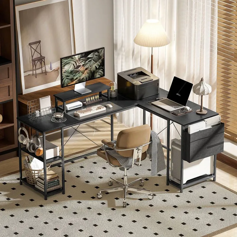 Homcom 168cm Reversible L Shaped Desk, 240cm Two Person Desk in Black Black