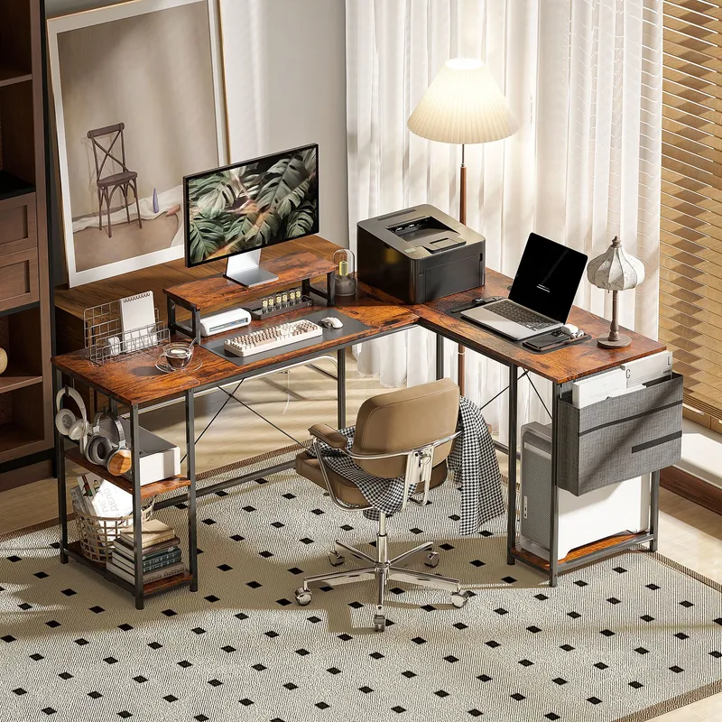 Homcom - 168cm Reversible l Shaped Desk, 240cm Two Person Desk, Rustic Brown