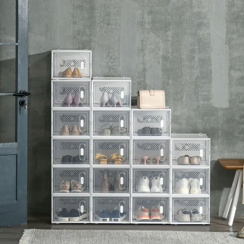 Homcom 18 Pieces Stackable Shoe Box Clear Plastic Shoe Storage Box for UK or EU - Clear - Size: One Size