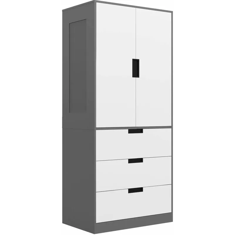 Homcom - 2 Door Wardrobe Grey Wardrobe with 3 Drawer and Hanging Rod for Bedroom Grey