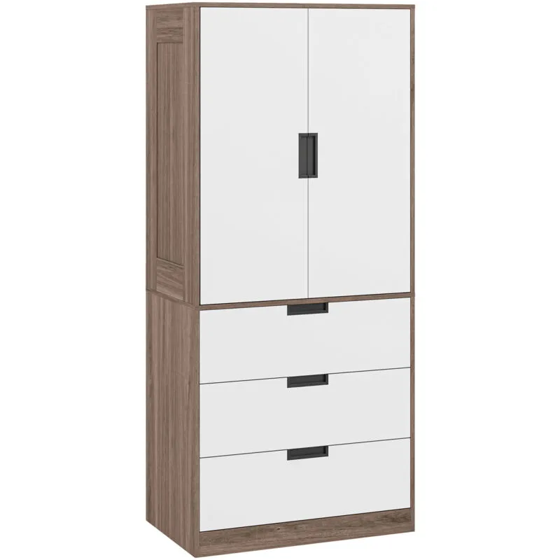 Homcom 2 Door Wardrobe Brown Wardrobe with 3 Drawer & Hanging Rod Brown - Brown