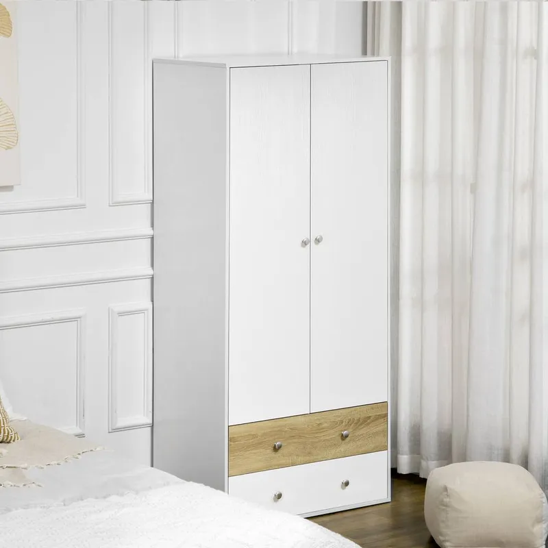 Homcom 2 Door Wardrobe White Wardrobe with Drawers & Hanging Rod Bedroom White