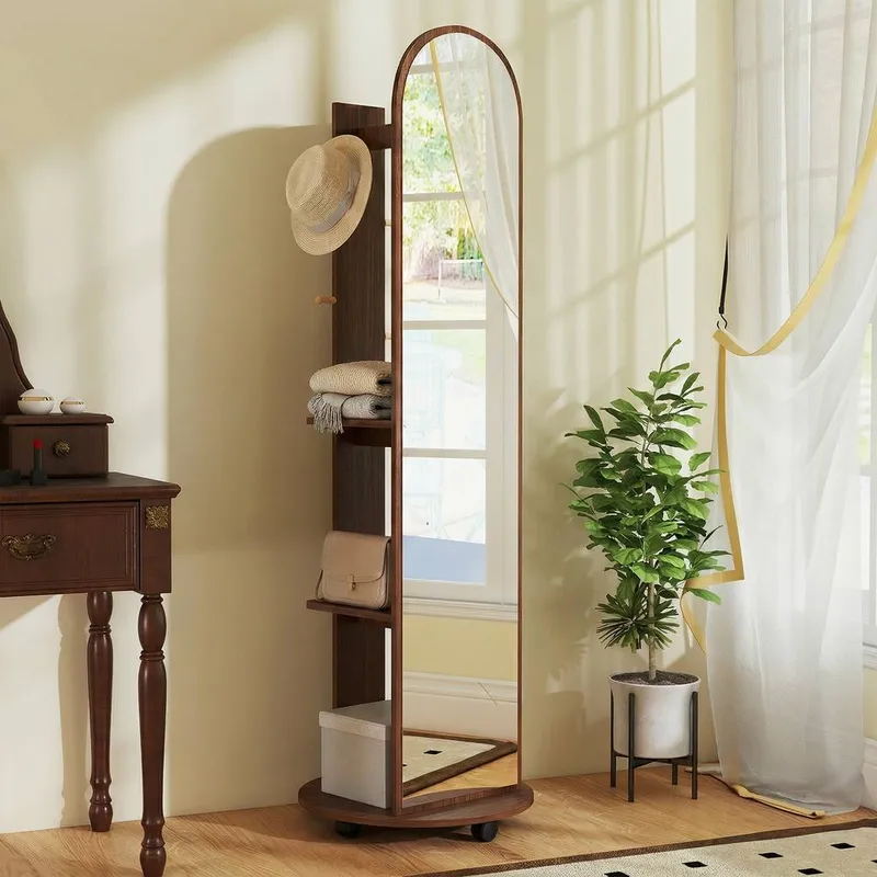 Homcom 2-in-1 Full Length Mirror with Shelves, 4 Wheels in Brown - Brown