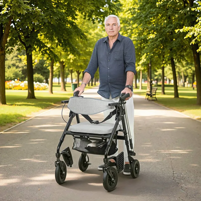 Homcom 2-in-1 Mobility Walker with Seat, Foldable Rollator with Footrests in Grey Grey