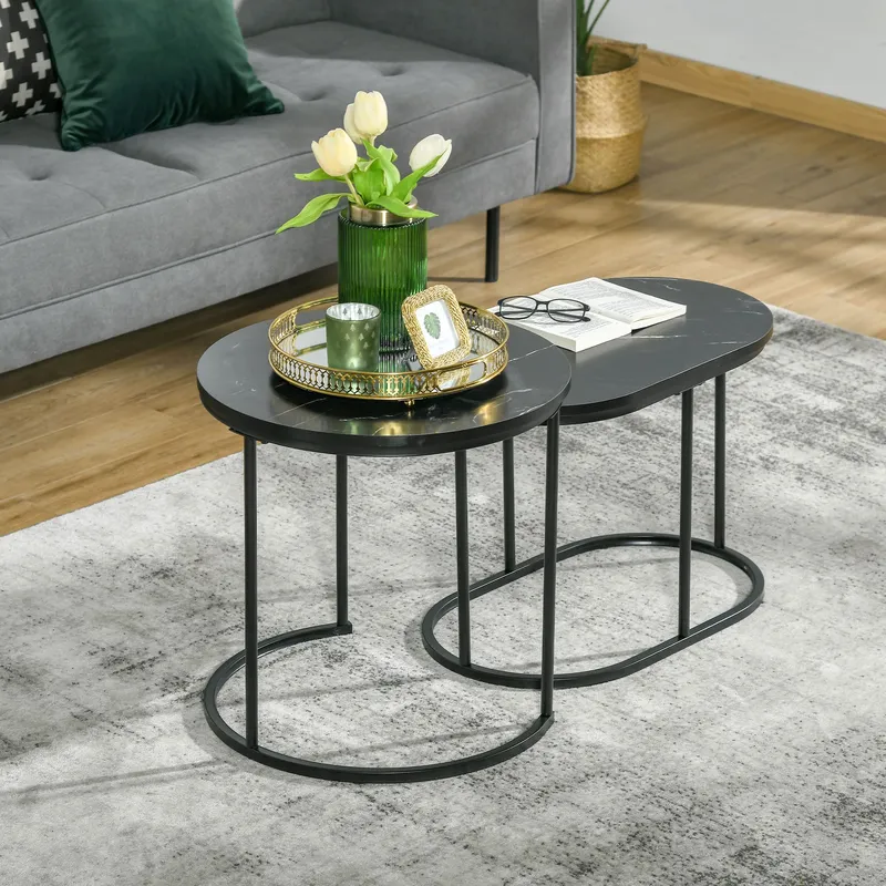 Homcom - 2 Pcs Modern Coffee Table with Faux Marble Side Accent Tables Black