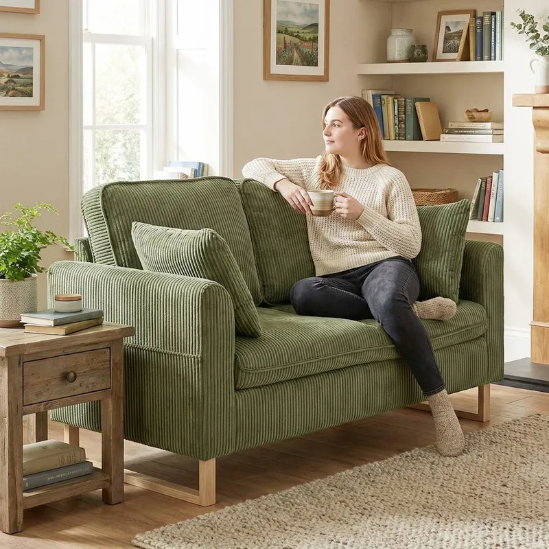 Homcom 2 Seater Sofa, Corduroy Sofa w/ Spring Cushions 2 Pillows, Dark Green Dark Green 2 Seater
