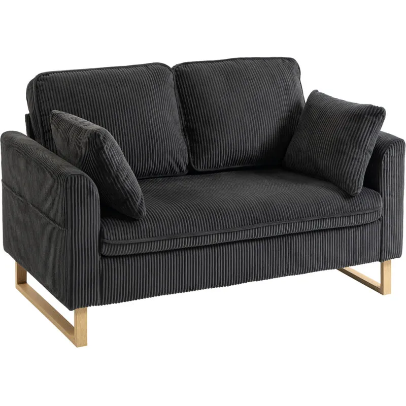 Homcom 2 Seater Sofa, Corduroy Sofa w/ Spring Cushions 2 Pillows, Dark Grey