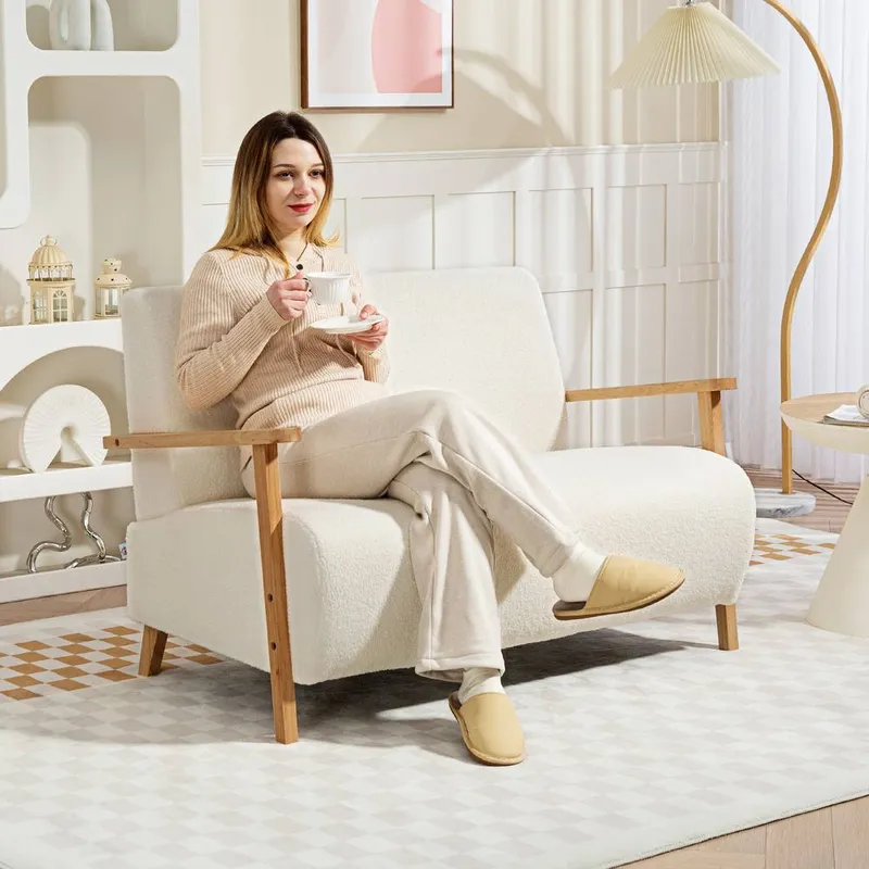 Homcom 2 Seater Sofa, Fabric Modern Loveseat for Living Room, Cream - Cream