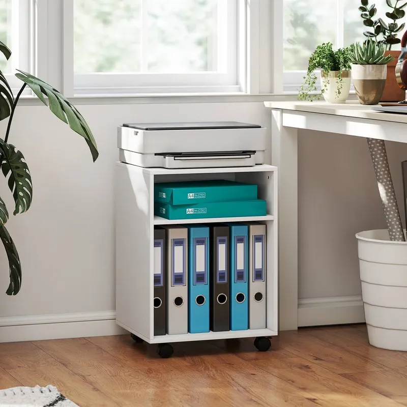 Homcom 2-Tier Printer Stand with Storage & Wheels, White - White
