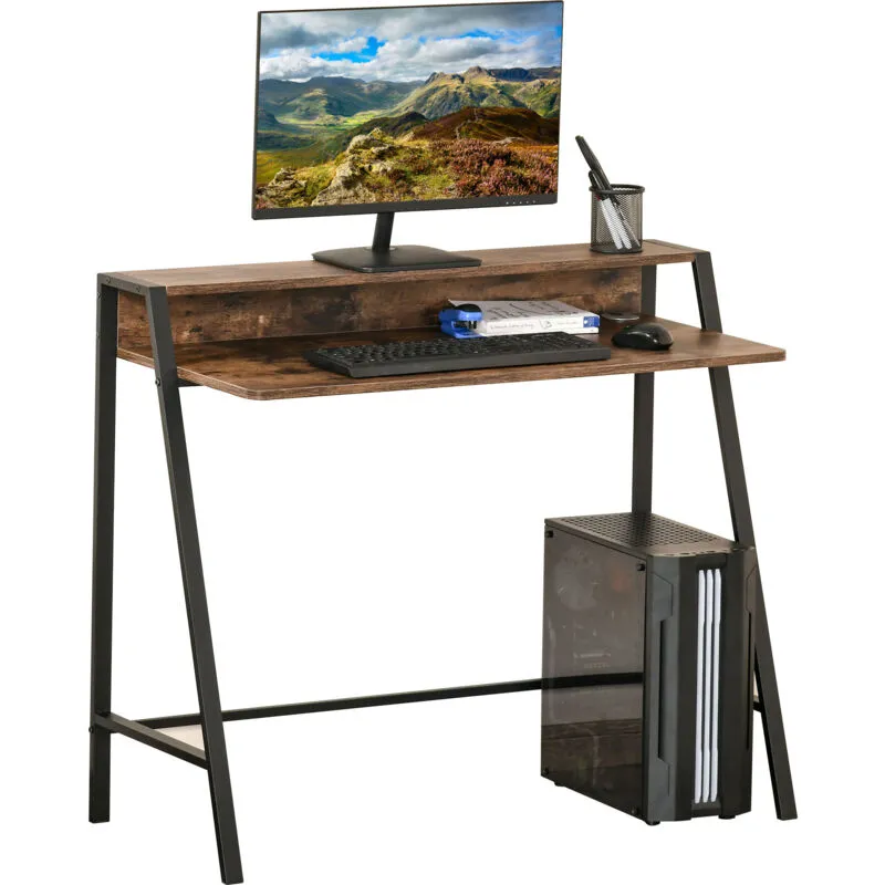 Homcom - 2-Tier Storage Computer Workstation Metal Frame Rustic Brown 84cm