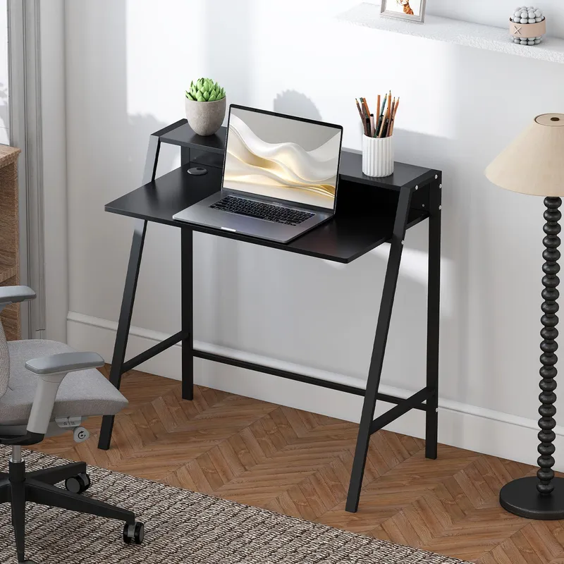 Homcom 2-Tier Storage Computer Workstation with Shelf, Metal Frame in Black - Black