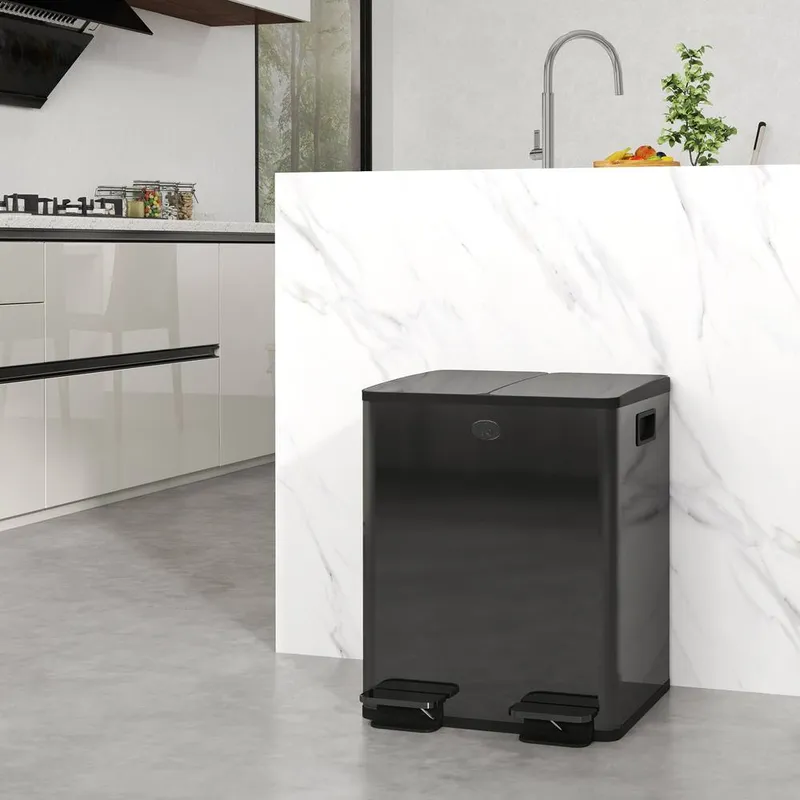 Homcom 2 x 20L Dual Kitchen Bin Pedal Bin for Recycling & Waste in Black - Black