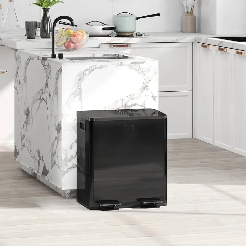 Homcom 2 x 20L Dual Rubbish Bin Kitchen Bin for Recycling & Waste, Black Black