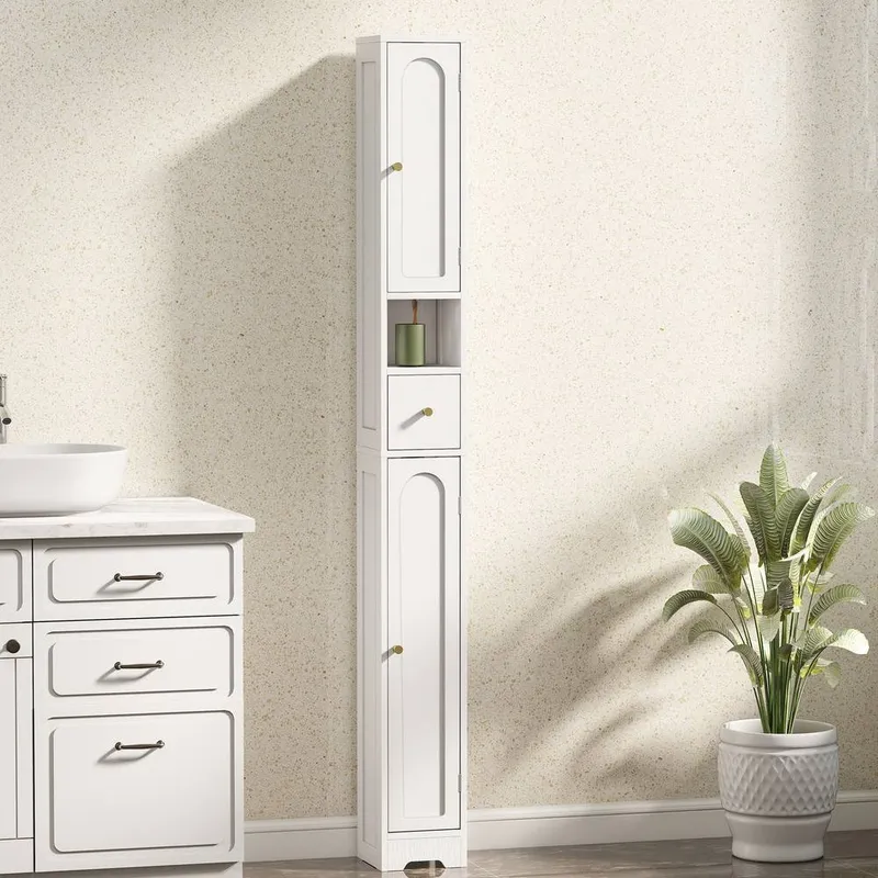 Homcom 20cm Slim Bathroom Storage Cabinet with Adjustable Shelves White White