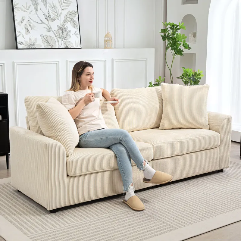 Homcom 212 cm Upholstered Jumbo Cord Sofa Couch with Spring Cushion, Cream Size: 3 Seater Cream 3 Seater