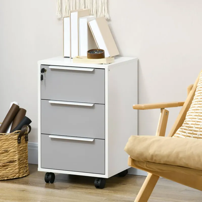 Homcom - Modern 3-Drawer Locking File Cabinet Mobile Filing Cabinet Grey White