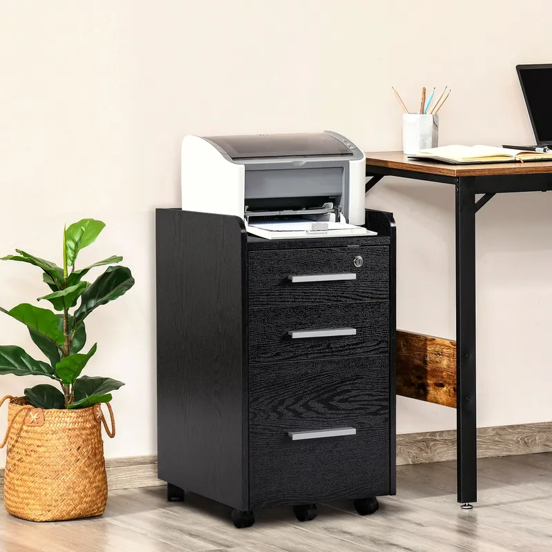 Homcom 3 Drawer Mobile Filing Cabinet Lockable Filing Cabinet, Black - Black