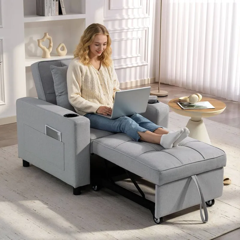 Homcom 3-in-1 Sofa Bed, Convertible Sleeper Chair with Adjustable Backrest in Light Grey Size: 1 Seater - Light Grey