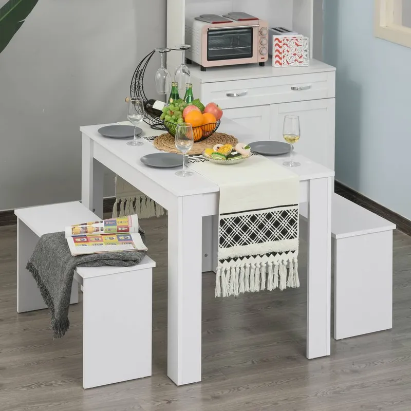 Homcom 3 Pcs Modern Dining Table Set Table 2 Bench Seats Compact in White White