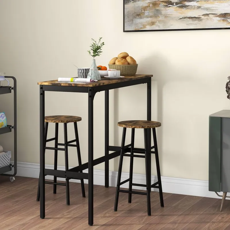Homcom 3 Piece Bar Set, Industrial Kitchen & Chair Set Rustic Brown Brown