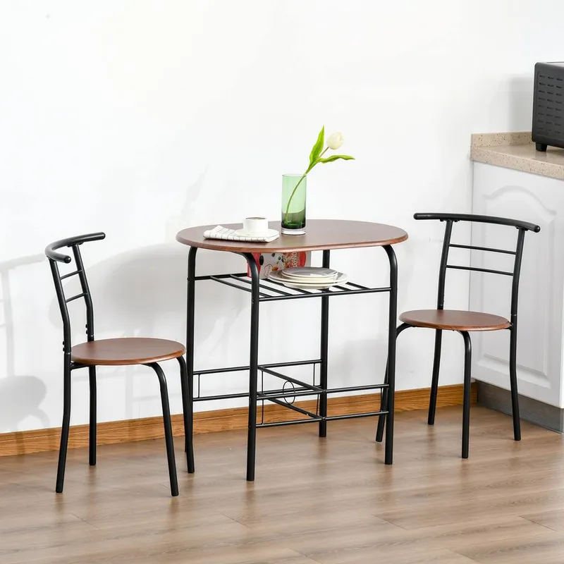 Homcom 3 Piece Bar Table Set 2 Stools Industrial Style Dining Room Storage in Light Brown Light Brown