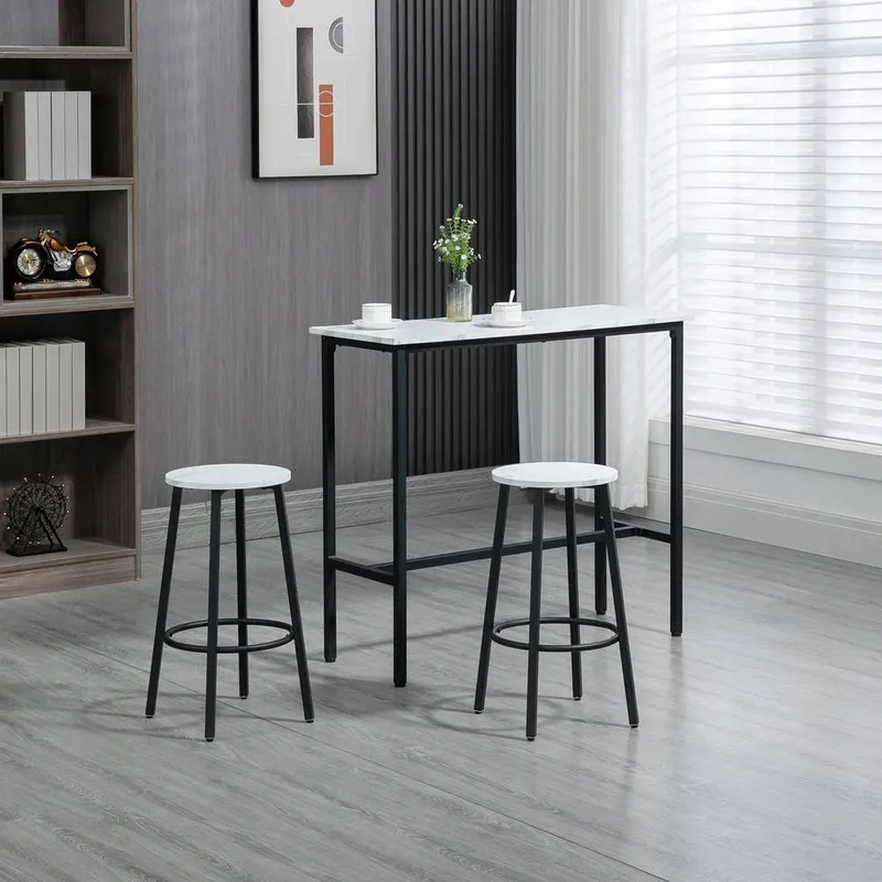Homcom - 3 Piece Bar Table Set for 2 with Stools Steel Frame Footrest White