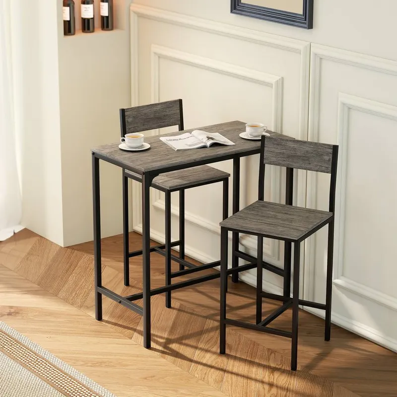 Homcom 3-Piece Bar Table Set with 2 Stools, Footrest in Charcoal Charcoal
