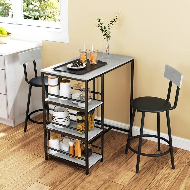 Homcom 3 Piece Breakfast Bar Table Set with Storage Shelves, Light Grey Light Grey