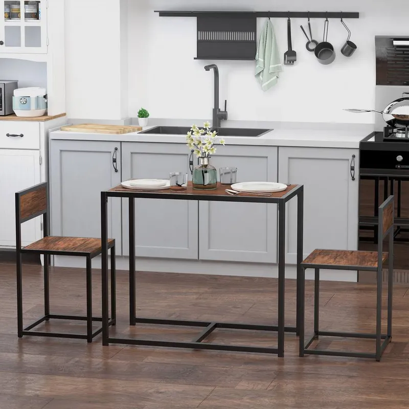 Homcom 3 Piece Dining Table Set with Metal Frame in Brown - Brown