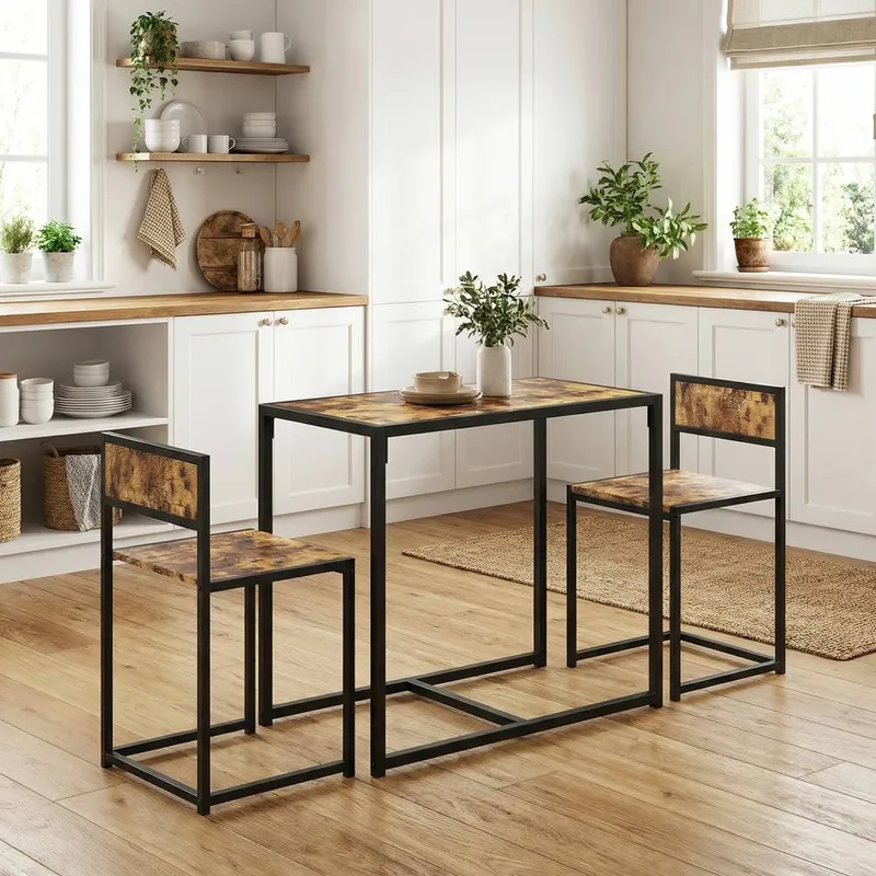 Homcom 3 Piece Dining Table Set with Metal Frame Rustic Brown