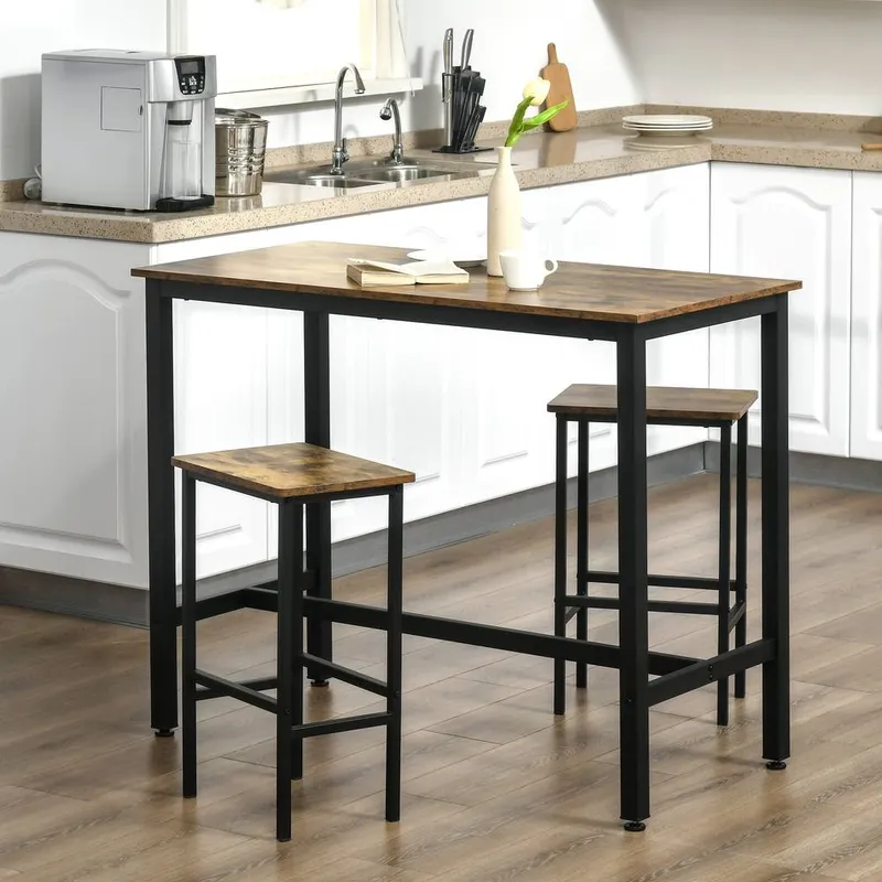 Homcom 3 Piece Industrial Bar Table Set Breakfast Table with 2 Stools in Brown Brown