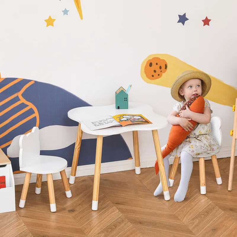 Homcom 3-Piece Kids Table & Chair Set with 2 Bear-Shaped Chairs, White White