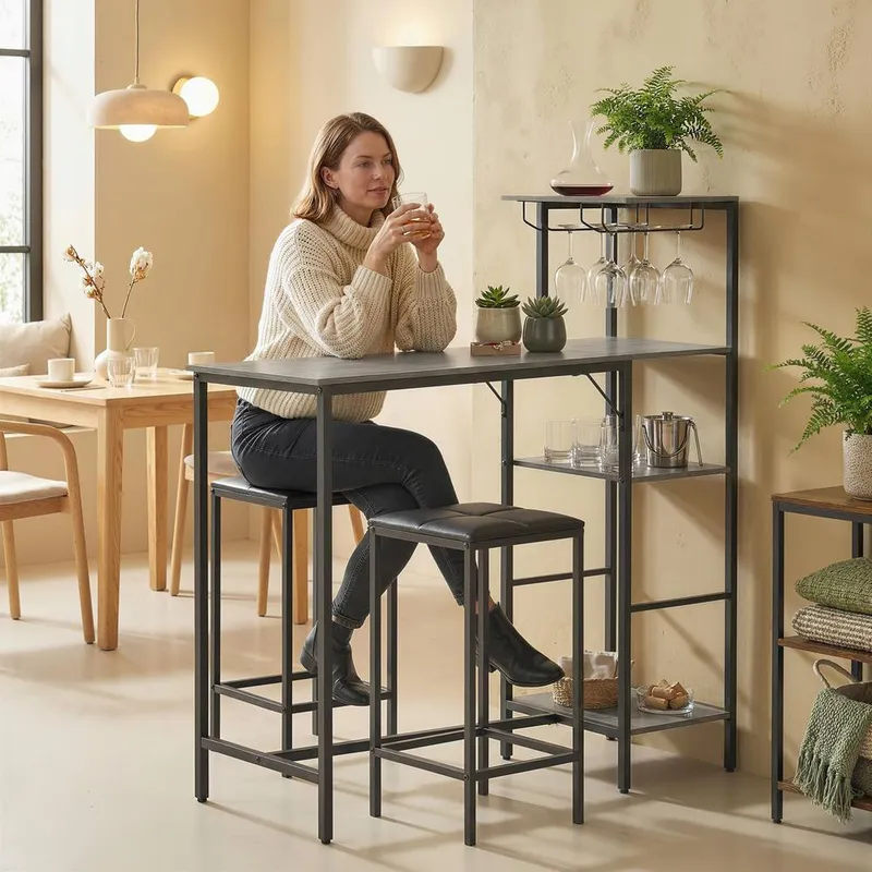 Homcom 3 Pieces Breakfast Bar Table & Stools Set 4-tier shelving in Grey - Grey