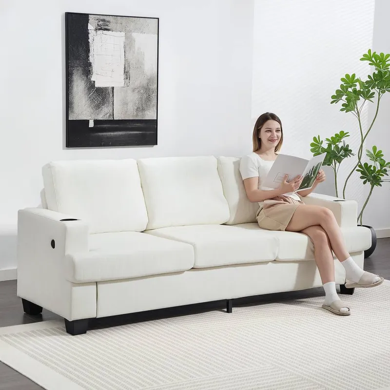 Homcom 3 Seater Sofa, Fabric Sofa with USB Ports & Cup Holders, Cream - Cream