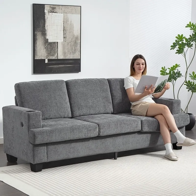 Homcom 3 Seater Sofa, Fabric Sofa with USB Ports & Cup Holders, Grey Grey 3 Seater