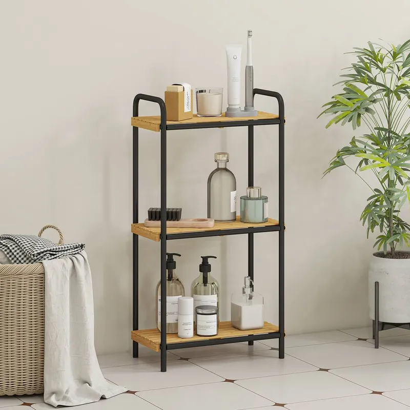 Homcom 3-Tier Bamboo Bathroom Shelf, Freestanding Shelving Unit, Natural in Black - Black