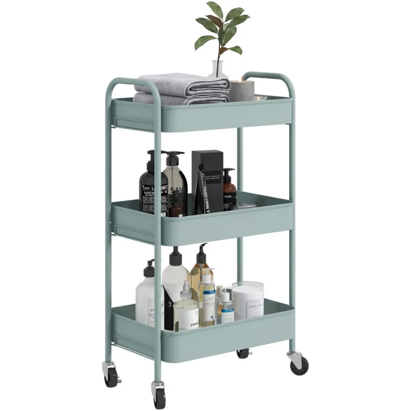 Homcom 3 Tier Rolling Utility Cart with 3 Mesh Basket in Light Blue Light Blue
