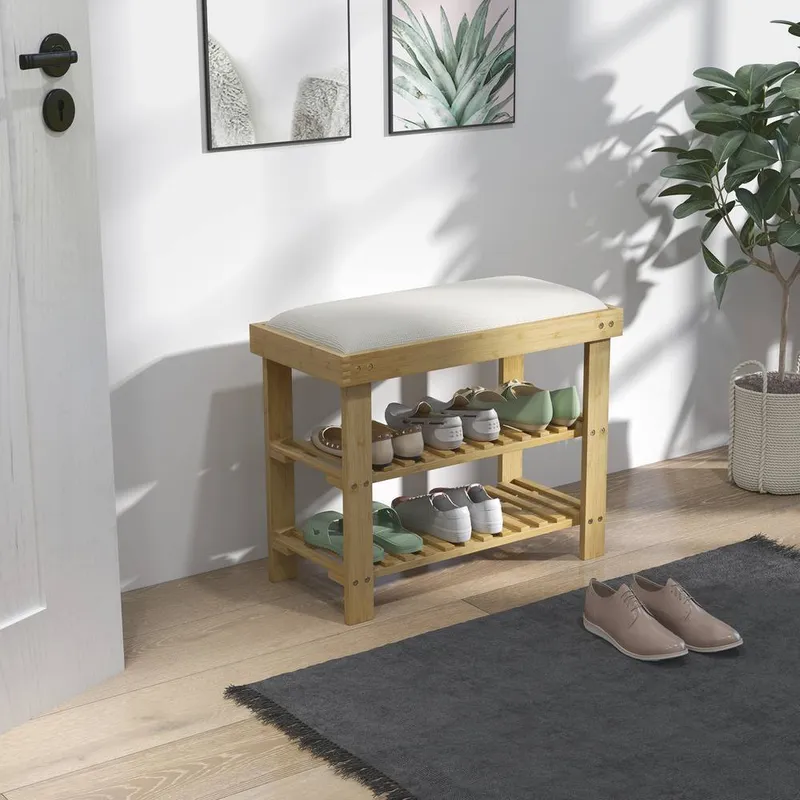 Homcom 3-Tier Shoe Storage Bench, Bamboo Shoe Rack for Entryway, Cream - Cream - Size: One Size