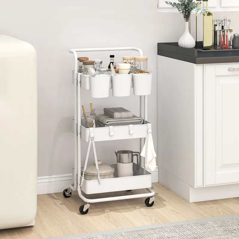 Homcom 3-Tier Utility Cart, Rolling Serving Trolley with Baskets, White White