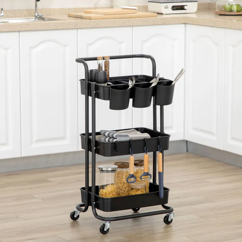 Homcom 3-Tier Utility Cart, Serving Trolley with Mesh Baskets Removable in Black Black