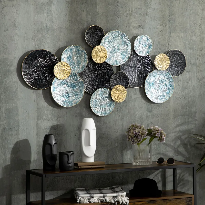 Homcom 3D Metal Wall Art Modern Circle Hanging Wall Sculpture Blue Gold Home Decor Blue
