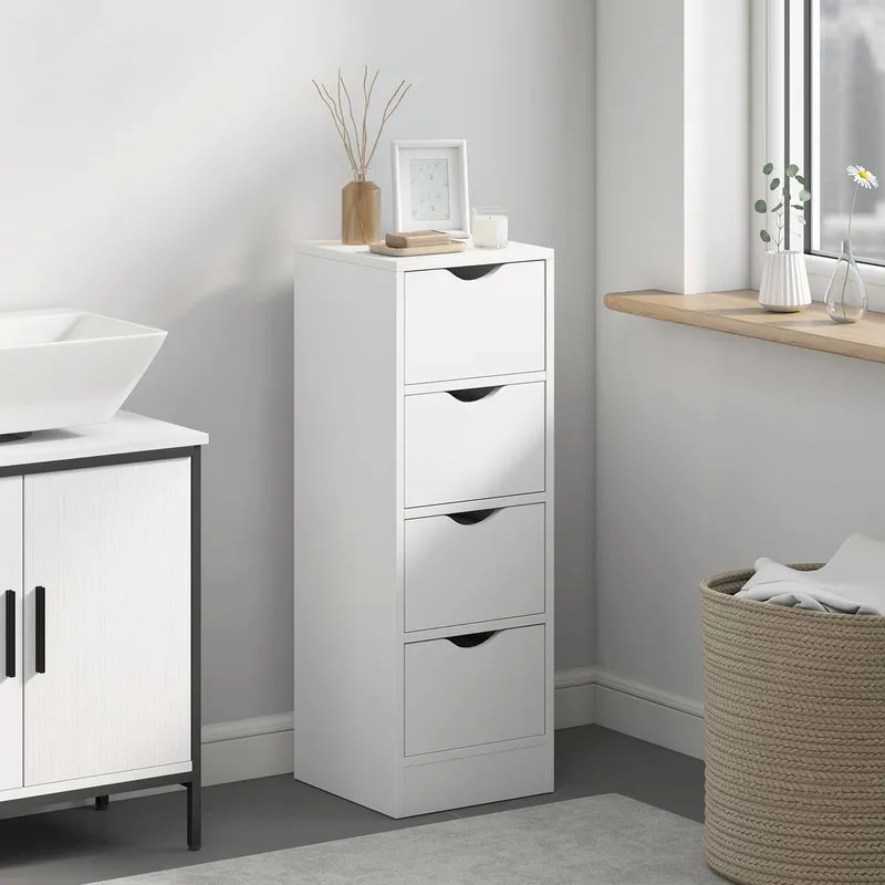 Homcom 4-Drawer Bathroom Cabinet, Freestanding Narrow Cabinet, White White