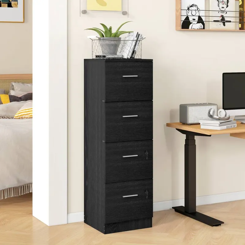 Homcom - 4 Drawer File Cabinet Locking Filing Cabinet, Black Wood Effect