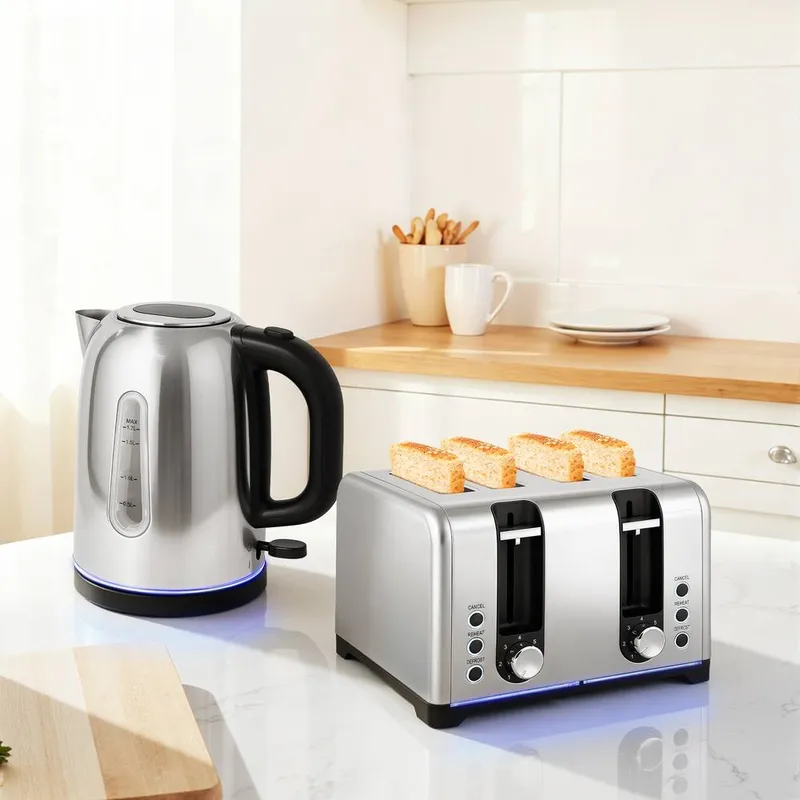 Homcom 4 Slice Wide Slot Toaster & 1.7L Rapid Boil Kettle Set, Silver Tone Size: 2 Pack Silver 2 Pack