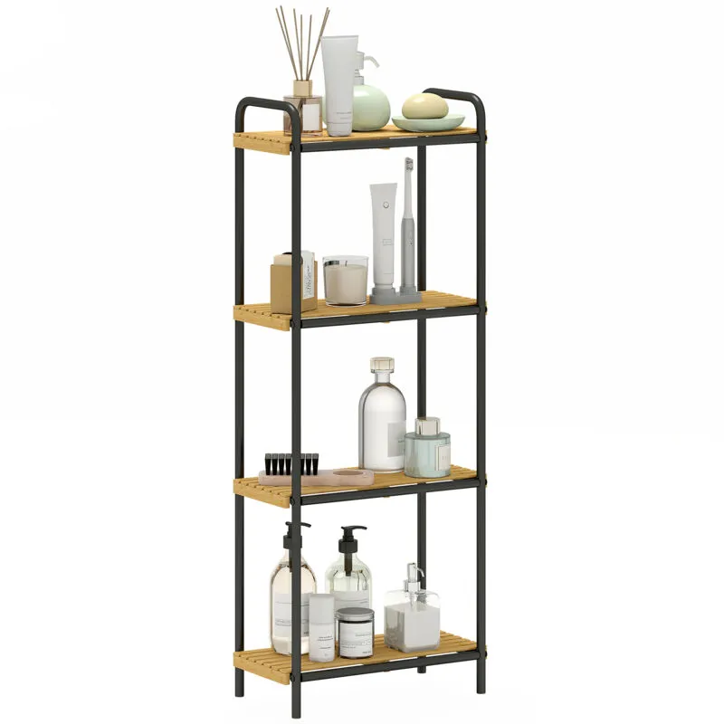 Homcom 4-Tier Bamboo Bathroom Shelf, Freestanding Shelving Unit, Natural in Black - Black